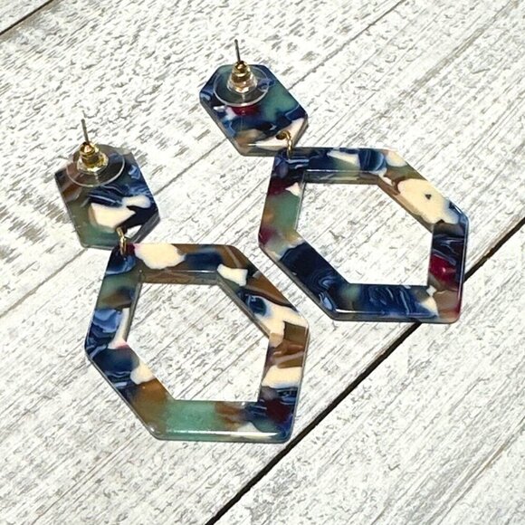Hexagon Acrylic Statement Earrings Boho Style 3 Inch Length - Picture 2 of 3